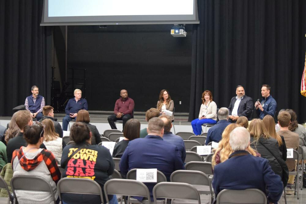 Community officials join leaders from CoxHealth and Mercy Springfield Communities on a panel at a Dec. 13 public listening session at Jarrett Middle School.